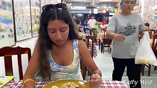 Katty eats lunch in an Asian cafe without panties and glittering pussy in public